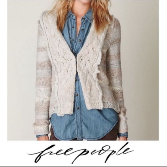Free People Wool sweater cardigan chunky knit blue stripe twist braid, XS - Picture 1 of 7